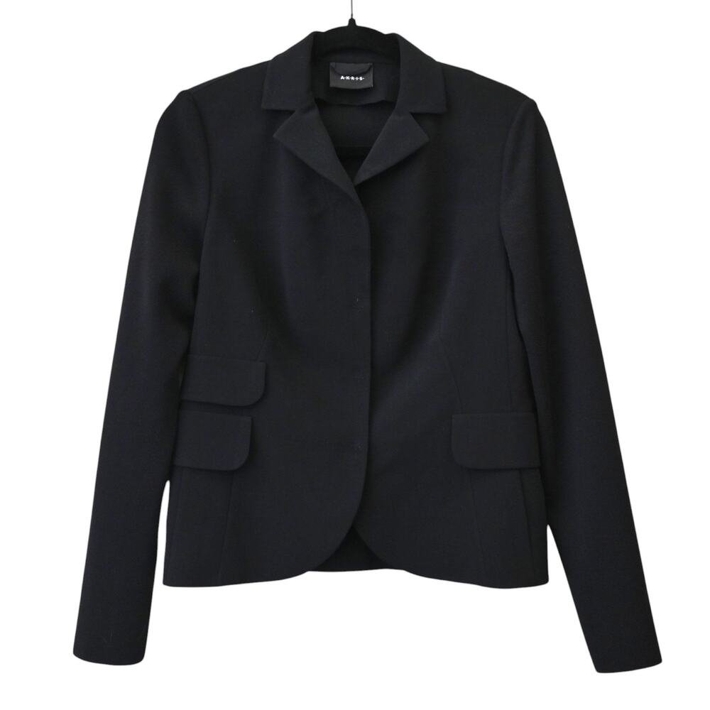 Akris Black Wool Blend Knit Back Snap Button Blazer Size 8